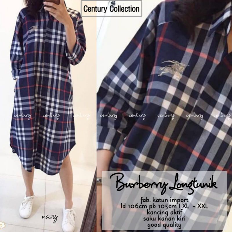 Tunik kekinian wanita katun import bordir asli kancing aktif saku kanan kiri burberry long tunik by 
