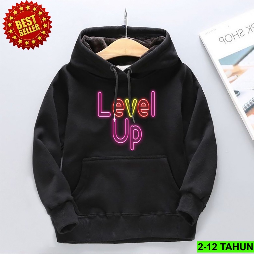 Jumper Hoodie Anak  LEVEL UP II Jaket Hoodie Anak Viral Bahan Fleece Sz M - XL ( Laki Laki &amp; Peremepuan )