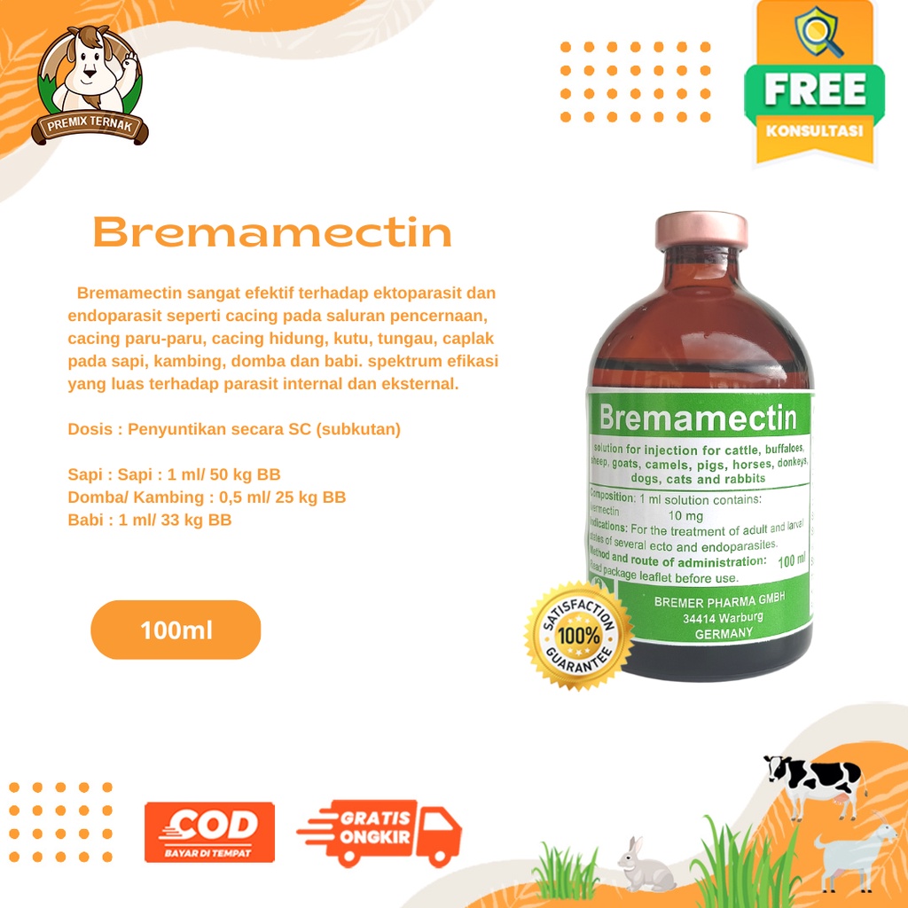 BREMAMECTIN 100 ml - Iver-mec-tin anti parasit injeksi - Obat gudik scabies kutu gatal dan cacing - mirip IVERVET NOVA MECTIN INTERMECTIN WORMECTIN - Premix Ternak