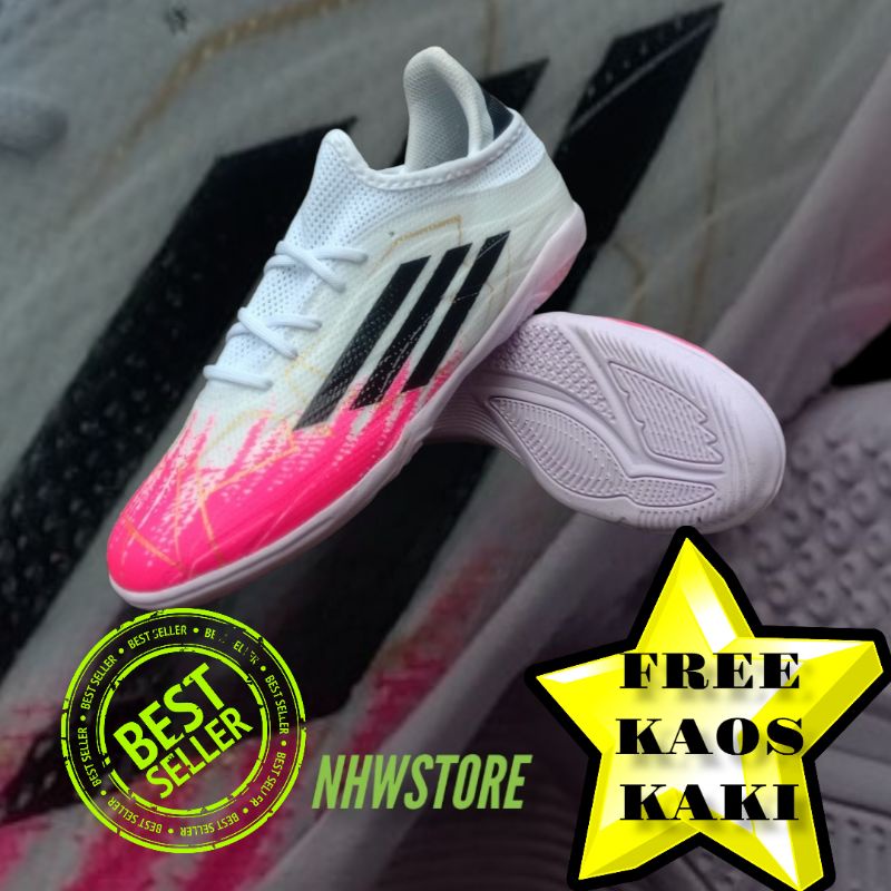 (FREE KAOS KAKI + DEKER) PROMO SEPATU FUTSAL SEMIBOOT ADIZERO X SPEEDFLOW WHITE PINK