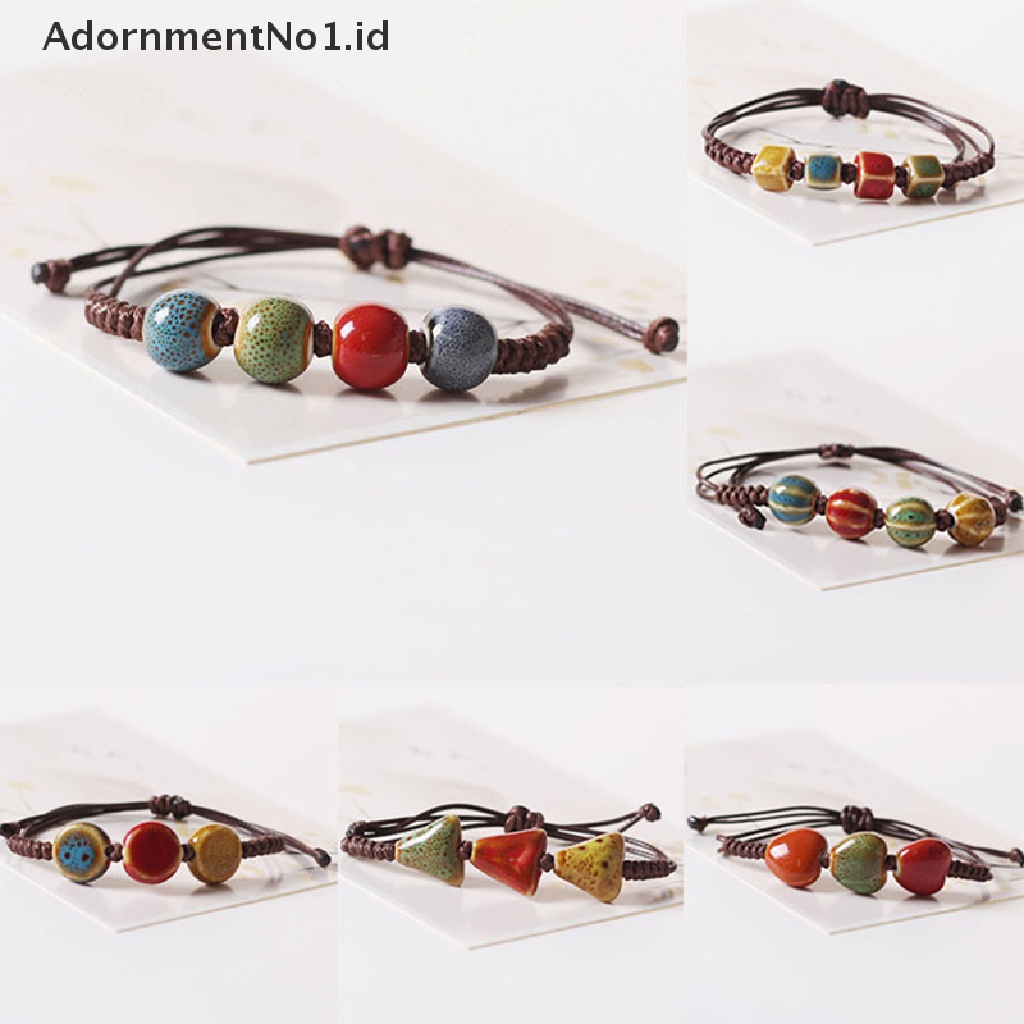 [AdornmentNo1] Kasual Gaya Etnik Fashion Keramik Manik-Manik Dainty Gelang Untuk Wanita Pria Bangle Adjustable Handmade Manik-Manik Keramik Wax Rope Bracelets [ID]