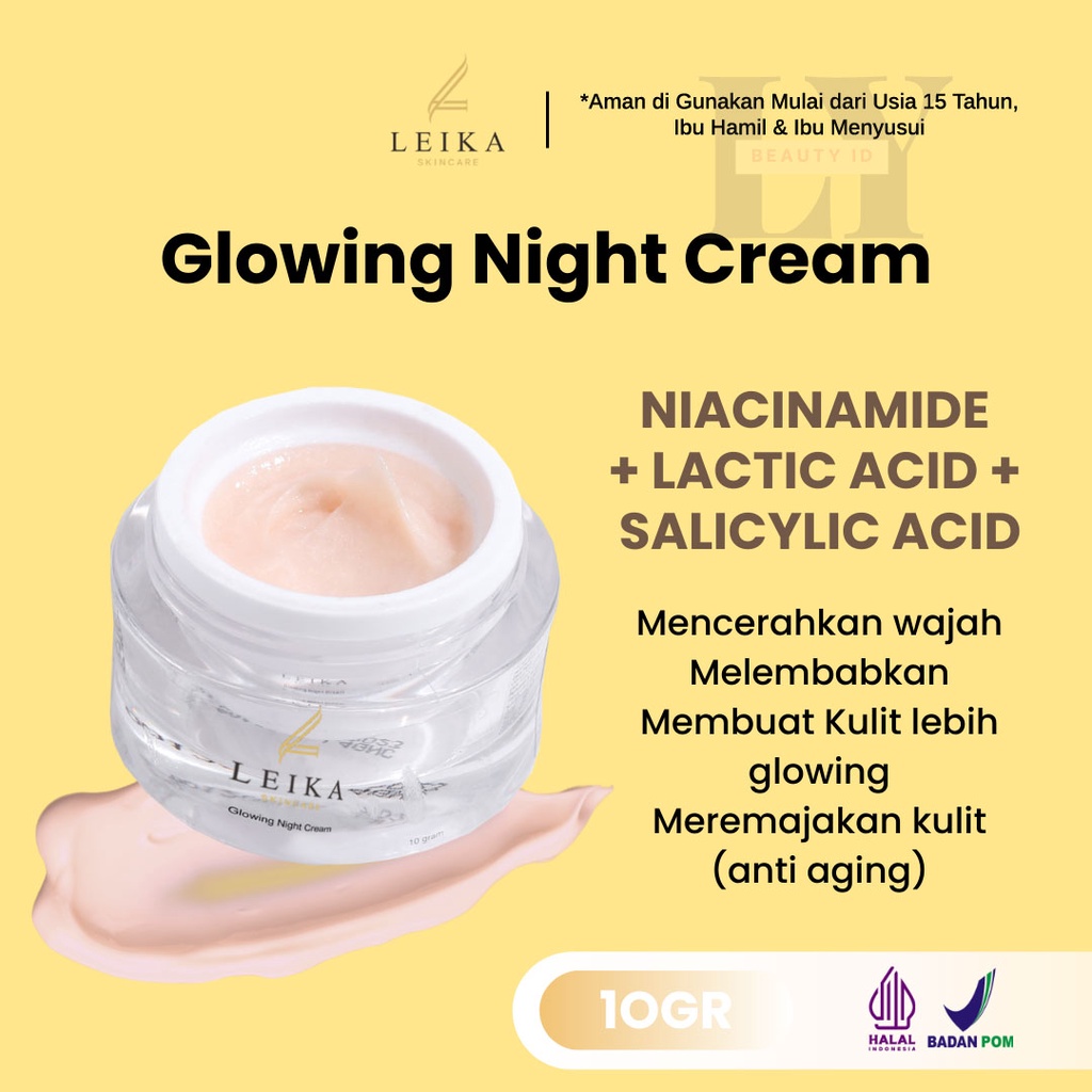 Leika Skincare Glowing Night Cream 10gr Membantu Memutihkan Wajah dan Membuat Kulit Lebih Glowing Re