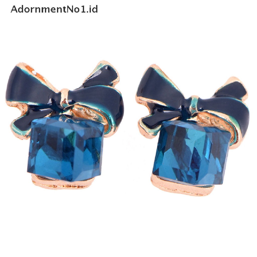 [AdornmentNo1] Biru Kristal Berlian Imitasi Enamel Bow Ear Stud Bowknot Earrings Hadiah Wanita Perhiasan [ID]