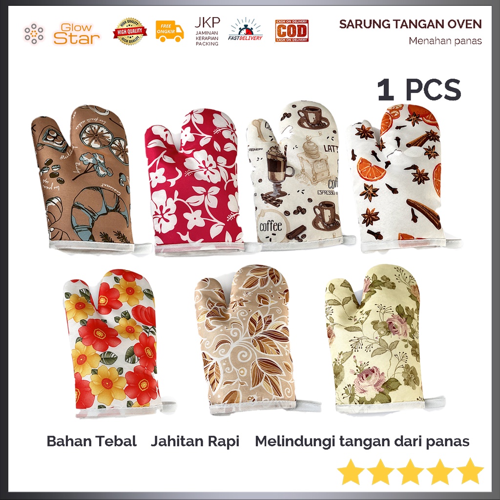 STO2 Sarung Tangan Oven motif bunga kopi coklat merah jeruk Anti Panas Lap pegangan Masak Heat Resistant Gloves 1 PCS - Korea Style garis Multifungsi cewek wanita ibu