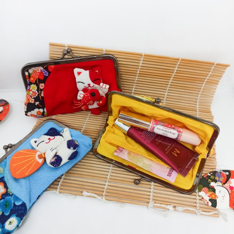 Neko Kisslock Pouch Wallet Dompet Koin Kain Khas Jepang Lucky Cat