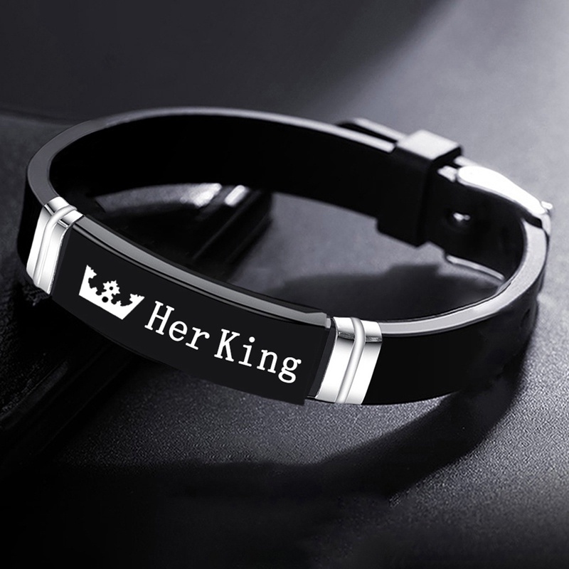 2pcs/set Sport Silikon Pasangan Gelang Bangle Hitam Her King His Queen Gelang Stainless Steel Hadiah