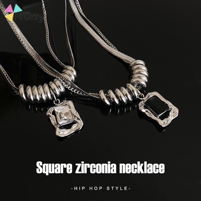 Kalung Wanita Square Zircon Lapisan Ganda Rantai  Hip Hop   Musim Dingin Musim Gugur  Desain Sense - PD