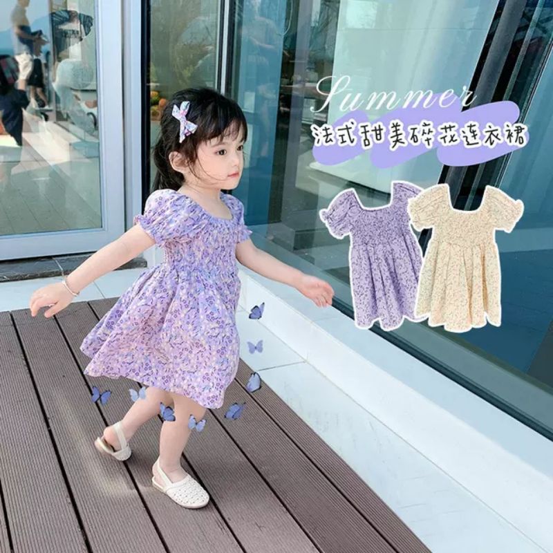 DRESS ANAK PEREMPUAN IMPORT MODEL SMOKE SHABY BUNGA USIA 3-5 TAHUN