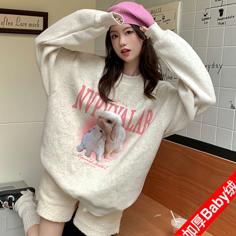 ❡☞♣American retro kelinci lucu cetak pullover sweater musim semi dan musim gugur merek pasang nasional longgar kebesaran jaket bulu