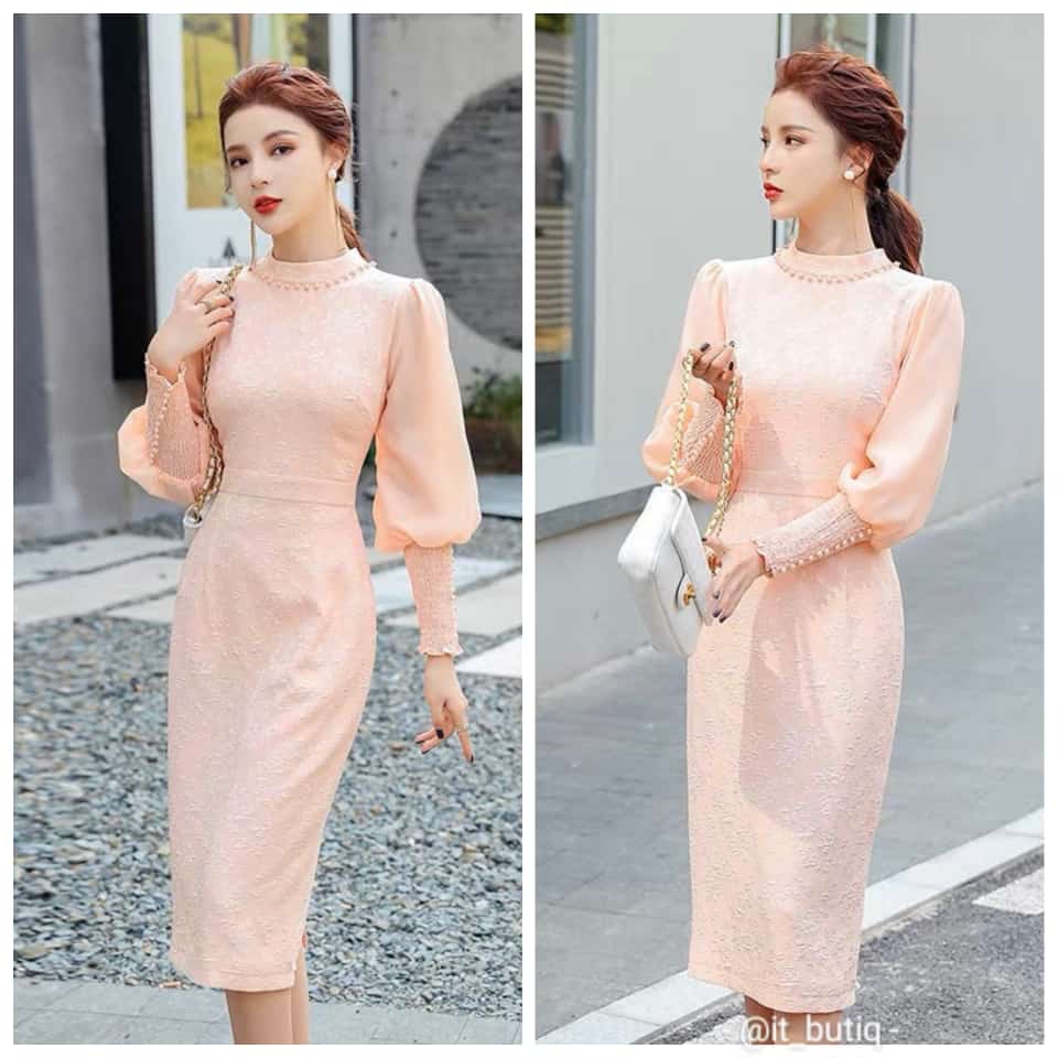 Dress gold rose peach - midi dress korea lengan panjang WS04