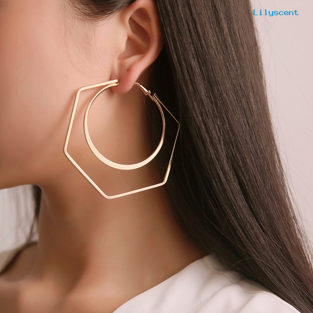 [LS] 1pasang Unik Wanita Berlebihan Geometri Putaran Besar Hexagon Drop Earring Perhiasan Aksesori Untuk Belanja