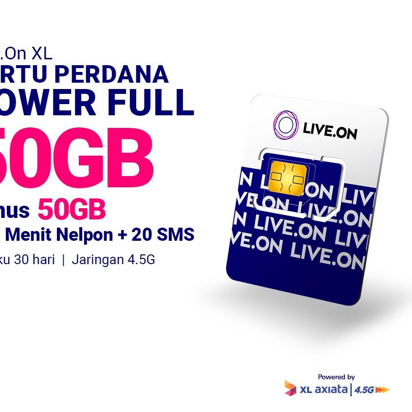 Sale | KI3 | Live.On XL Kartu Perdana Power Full 50GB + 50GB Bonus (30 hari) 4.5G + 20 Min Nelpon + 