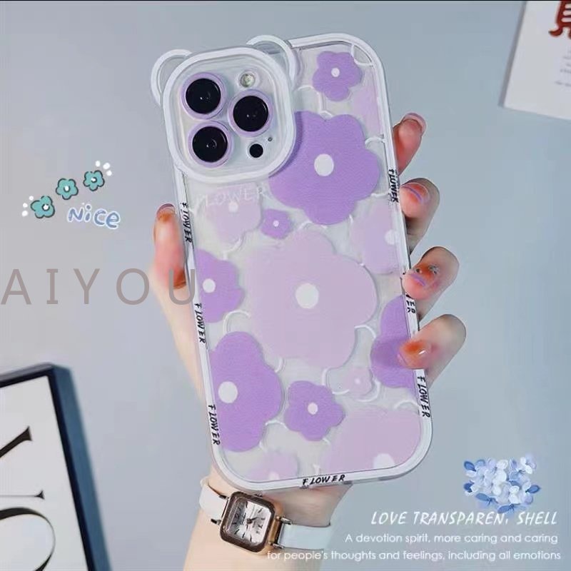 Lucu 3D Telinga Beruang Bunga Gantung Telepon Rantai Bening Soft Case Untuk iphone 14 Pro Max13 12 11 XR XS X7 8 plus SE MiNi Mewah Cover