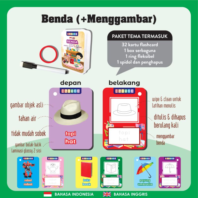 Flash Card WIPE and CLEAN ( bonus RING + SPIDOL + BOX SERBAGUNA ) Flashcard Mainan Edukasi Kartu Pintar Anak