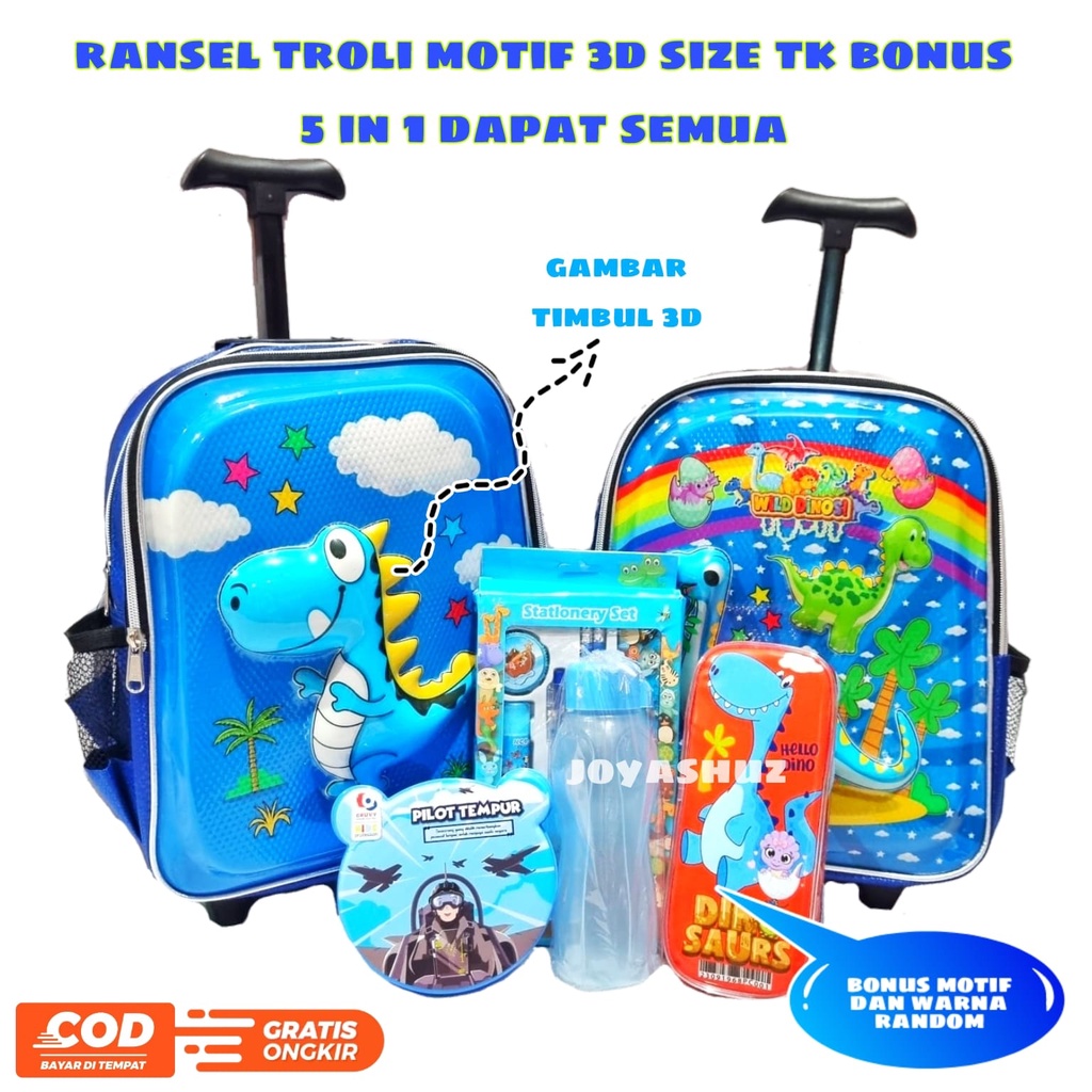 Tas Troli Anak Laki-laki Dino Saurs Gratis Bonus - Ransel Troli Dino Anak TK - Tas Ransel Sekolah Anak TK  Karakter Tirex T-REX - Tas Anak Laki-laki TK Gratis Botol Dan Misting - Tas Sekolah Anak Laki-laki Karakter Lucu - Joyashuz