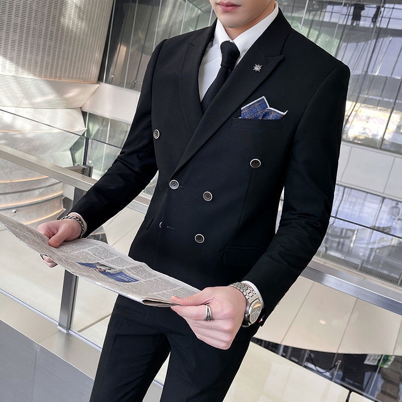 Jas Pria Double-Breasted Tiga Potong Groom Pernikahan Perapi Pernikahan  Korea Slim Fit Bisnis   Pen