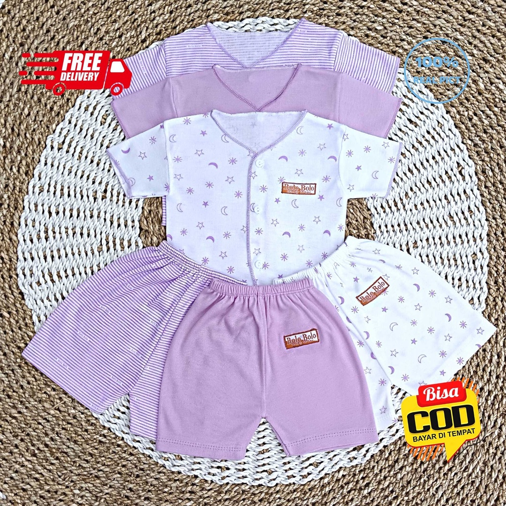 SALE 7.7 Serian Lilac - 3 Stel Setelan Baju Bayi Tangan Pendek Celana Pendek Bayi 0 sd 3 Bulan LILAC SERIES merk SNI Bolo - Bolo