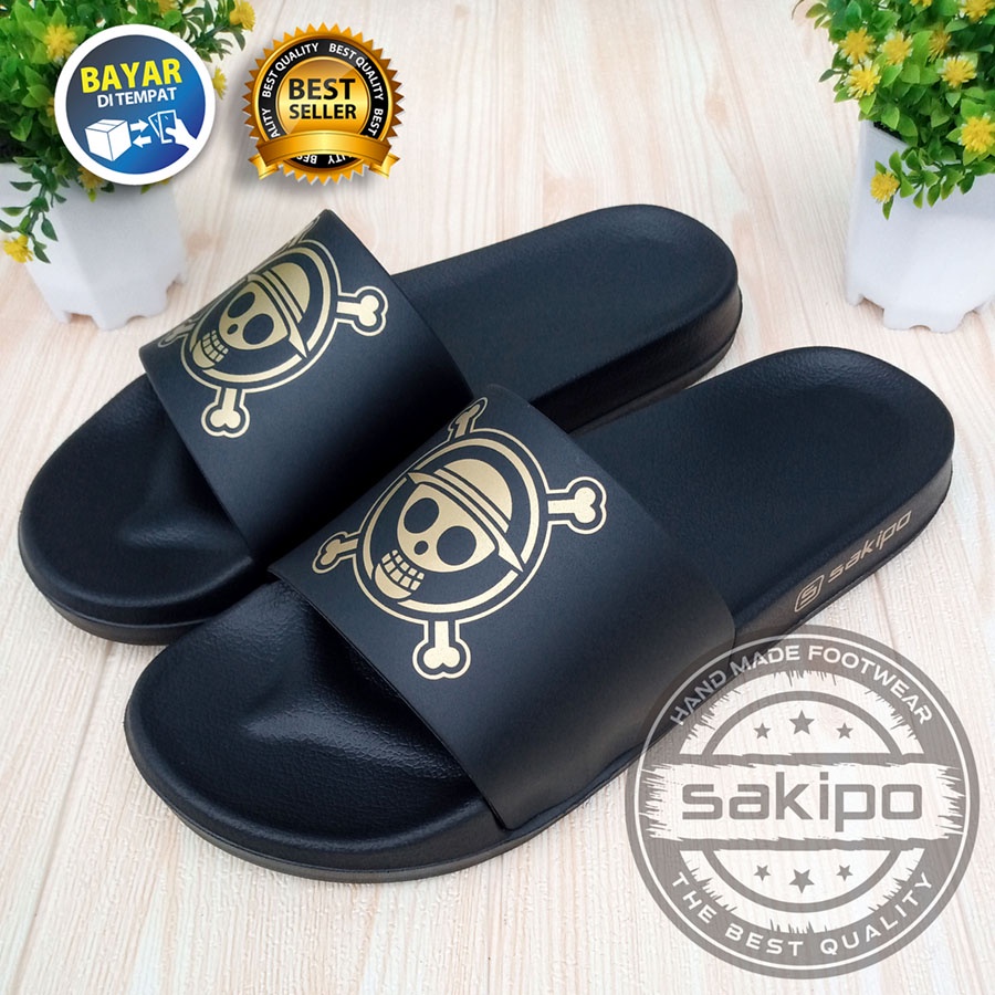 PROMO 2.2 COD SALE !! SANDAL DISTRO KEREN KEKINIAN PRIA DEWASA REMAJA SLIDE HITAM EMAS MOTIF TENGKORAK LUFFI ONE PEACE / SENDAL SLIDE MURAH / SANDAL TAHAN AIR KEKINIAN / SAKIPO