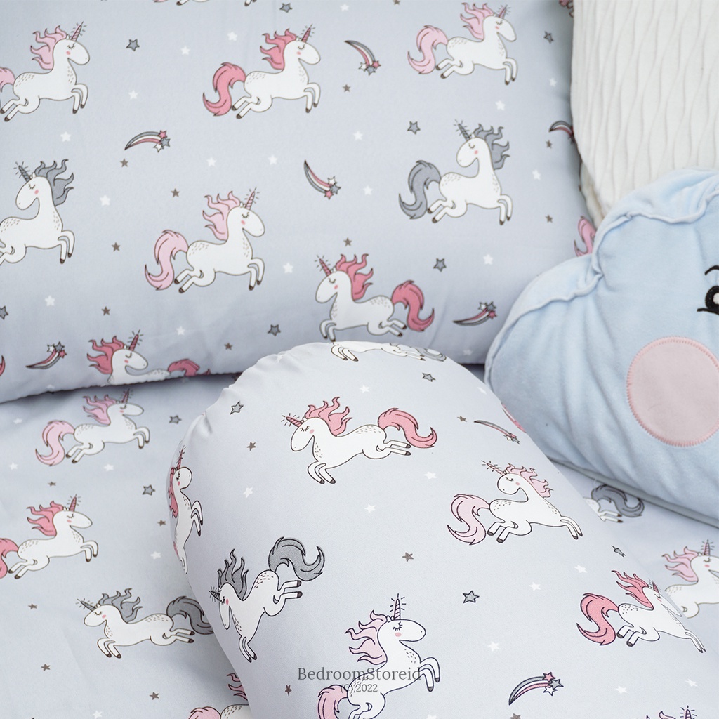 Sprei Aesthetic Motif Unicorn Grey | ALA KOREA Sudah Termasuk Sarung Bantal Guling