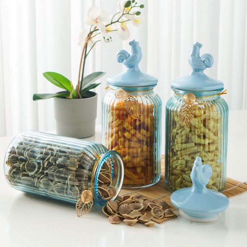 HARGA 1 PCS Toples Lebaran Kaca Kedap Udara Biru 1300ml / MMS Toples Montella Stripe
