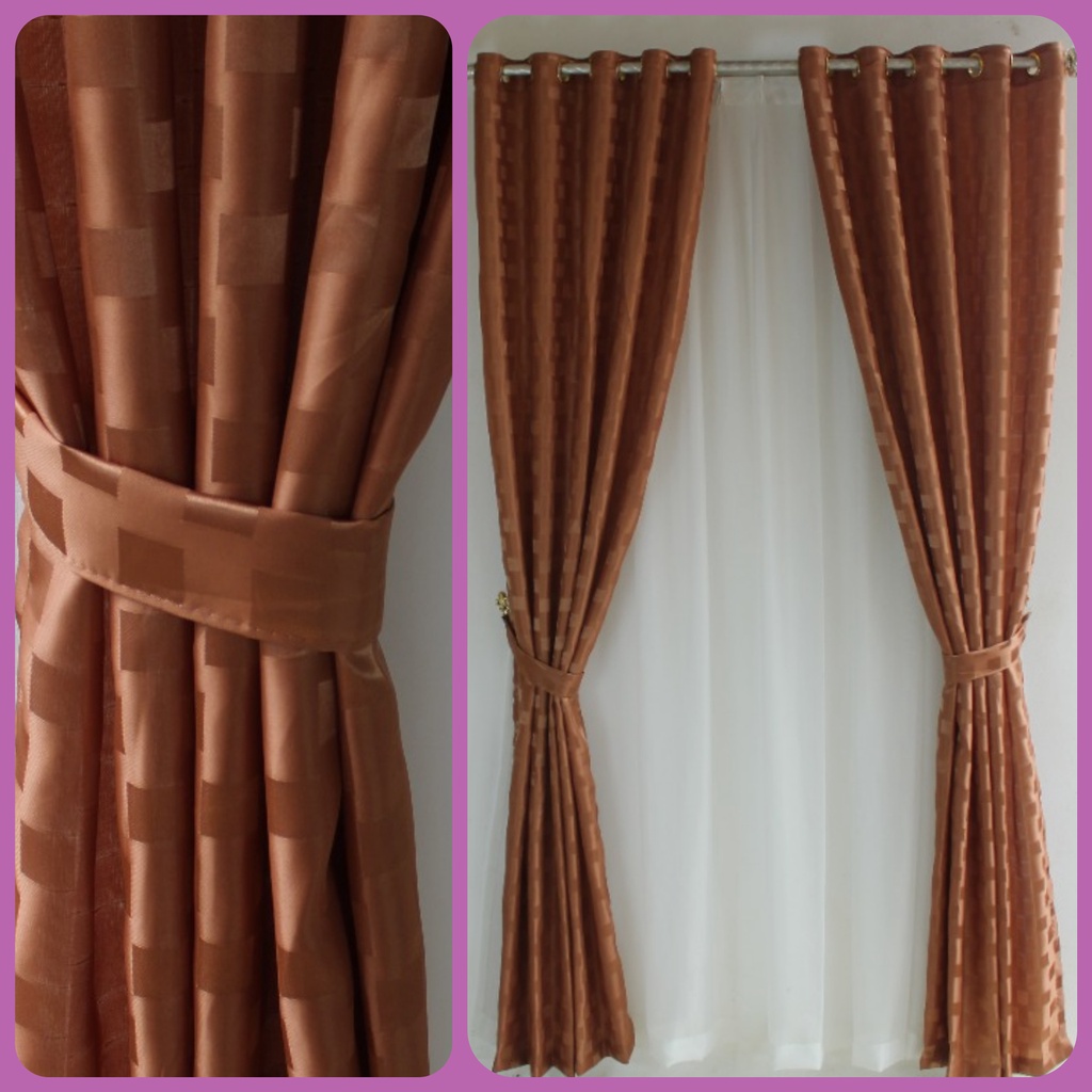 Tirai Pintu dan Gorden Jendela Polos Embos Kotak Smokring 10 Lubamg Korden Warna Coklat tua Gordeng 