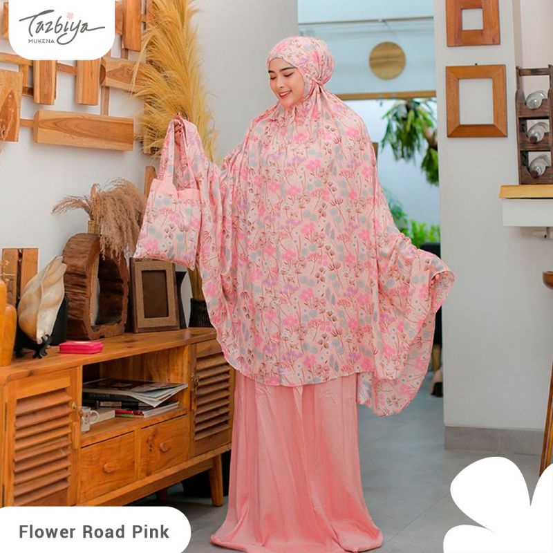 Mukena Tazbiya Flower Road Pink mukena dewasa rayon premium