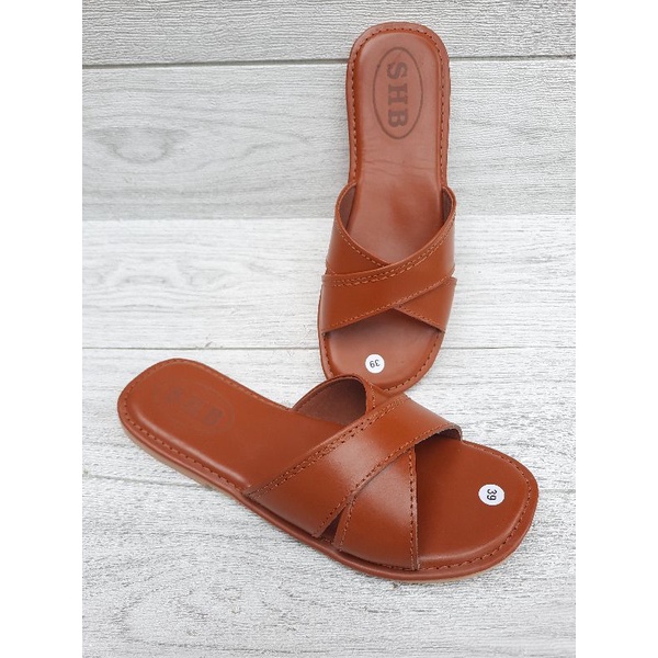 Sandal Teplek Wanita Outsole Karet Mentah/ Pentil, Full Kulit Silang