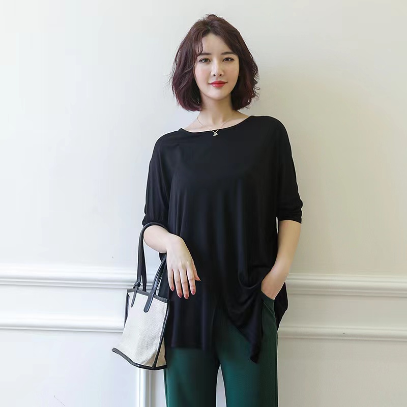 baru! Blus Wanita Katun Modal Katun Longgar Lengan Pendek Irregular Dolman Sleeve T-Shirt Pakaian Kasual