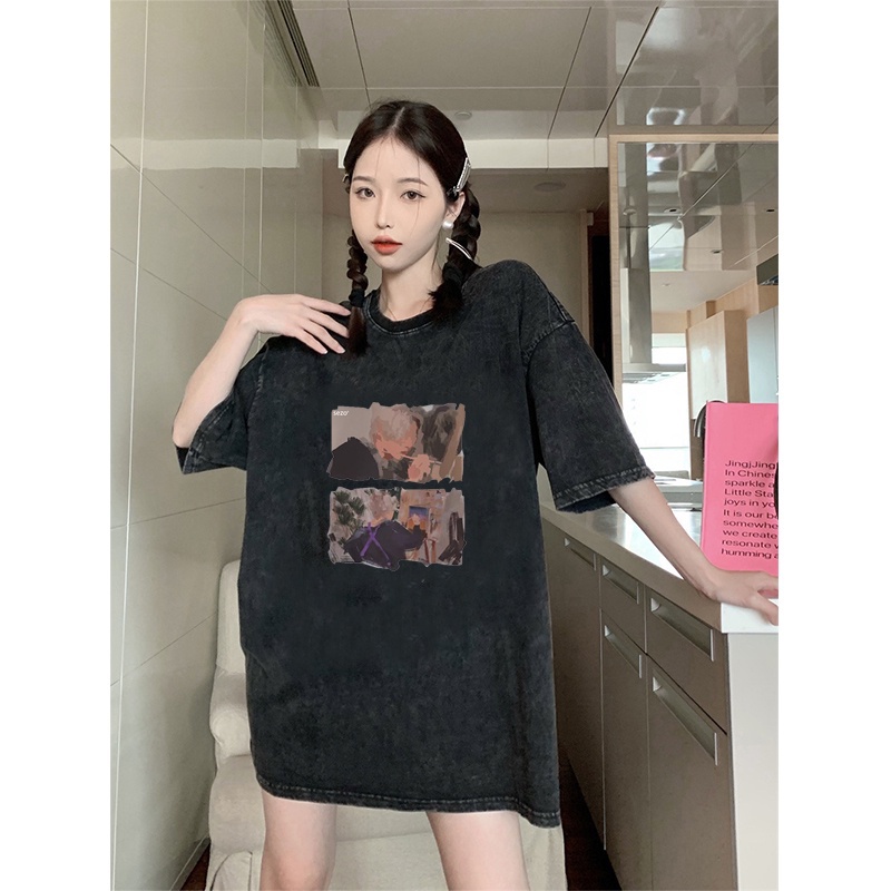 Kaos oversize hitam oversize lengan pendek Cartoon washed baju wanita  graphic print T-shirt/oversize tshirt/kaos hitam oversize wanita