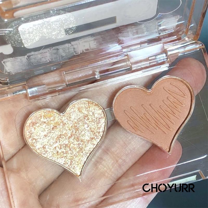 【COD】Eyeshadow Palette 2 Warna Highlighter / Blusher Matte Pearlescent Eye Shadow Hati Glitter Powder Tahan Lama Makeup Berbentuk Portable-CH