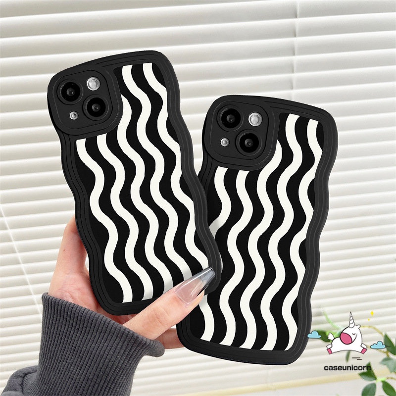 IPHONE Kompatibel Untuk Iphone11 12 14 13 Pro Max 6 6s 8 7 Plus XR X XS Max 14Plus SE 2020fashion Hitam Putih Motif Gelombang Air Black Wavy Edge Soft TPU Phone Case