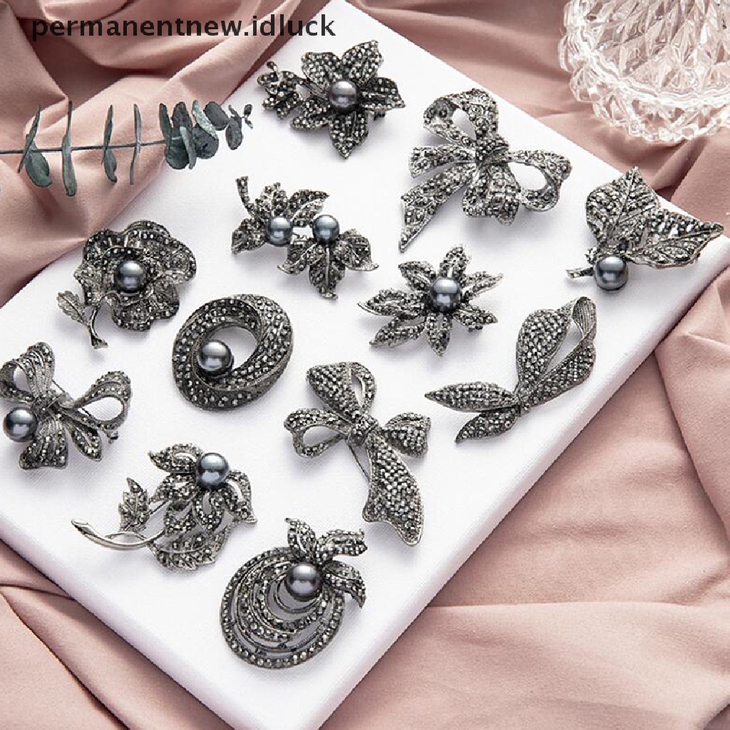 [luckypermanentnew] Retro Hitam Kristal Mutiara Bunga Busur Bentuk Bros Syal Pin Perhiasan Aksesoris [ID]