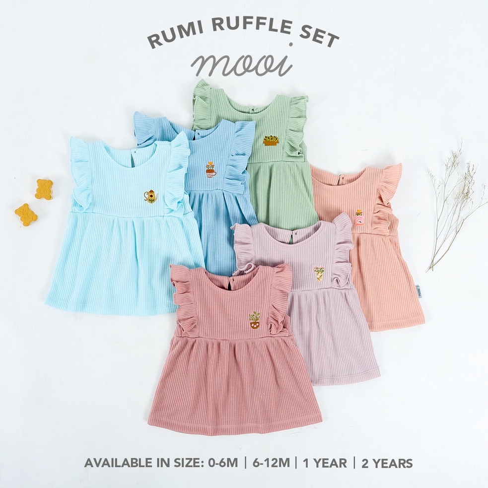 Baju Bayi Setelan Anak Perempuan Mooi Rumi Ruffle Set 0 6 12 Bulan 1-2 Tahun