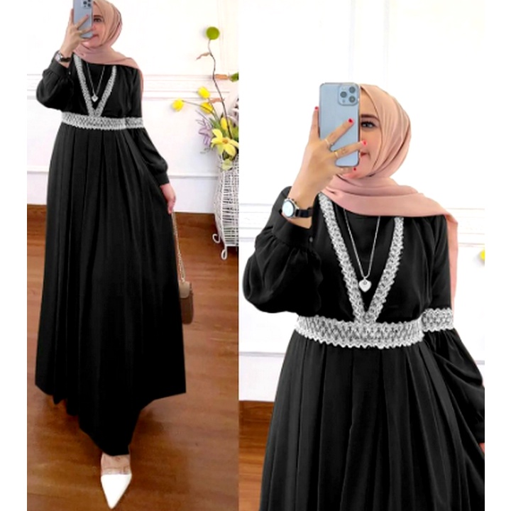 Baju Abaya Gamis Ceruty Lebaran Kondangan Hitam Polos Jumbo Simpel Mewah Kekinian Busui LD 120 130 1