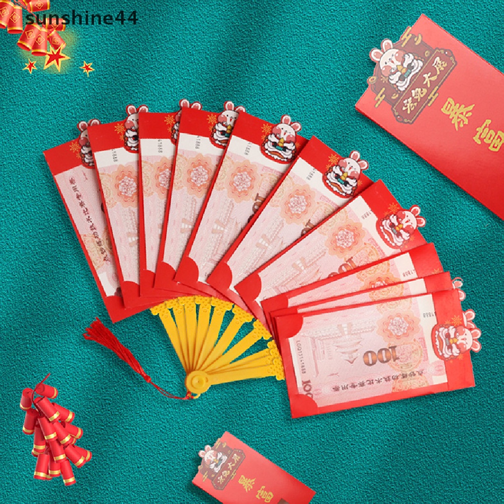 Sunshine6per8 /10Slot Kartu Lipat Bentuk Kipas Amplop Merah2023Paket Imlek Kelinci Merah Untuk Uang Keberuntungan.