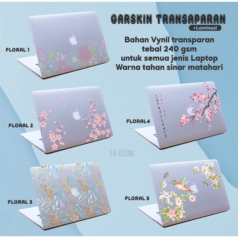 Garskin  Laptop Sticker Anti Gores Transparant Floral Shabby Premium Full Set 10 12 14 15  Inch Universal Untuk Semua Merk Laptop