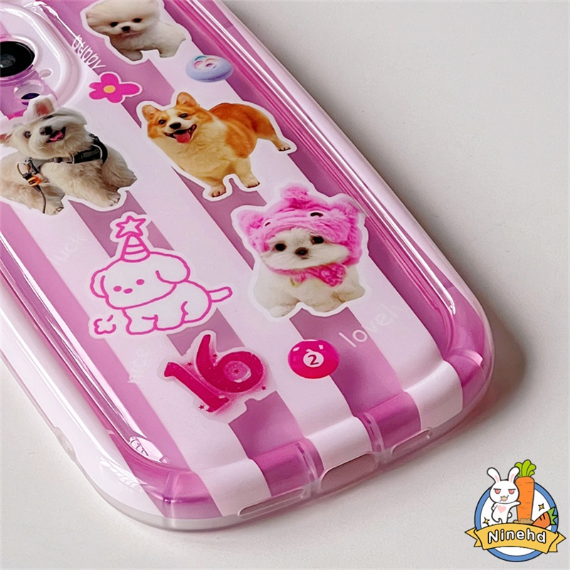 IPHONE Casing Kompatibel Untuk Iphone14 13 12 11 Pro Max X Xr Xs Max8 7 6 6s Plus SE 2020 Ins Cute Dog Pink Stripe Phone Case Silikon Transparan Shockproof Soft Case Cover Pelindung