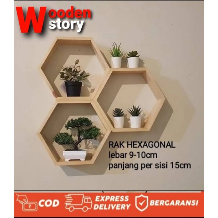 Hiasan Dinding Dekorasi Rak Hexagonal Kayu Solid