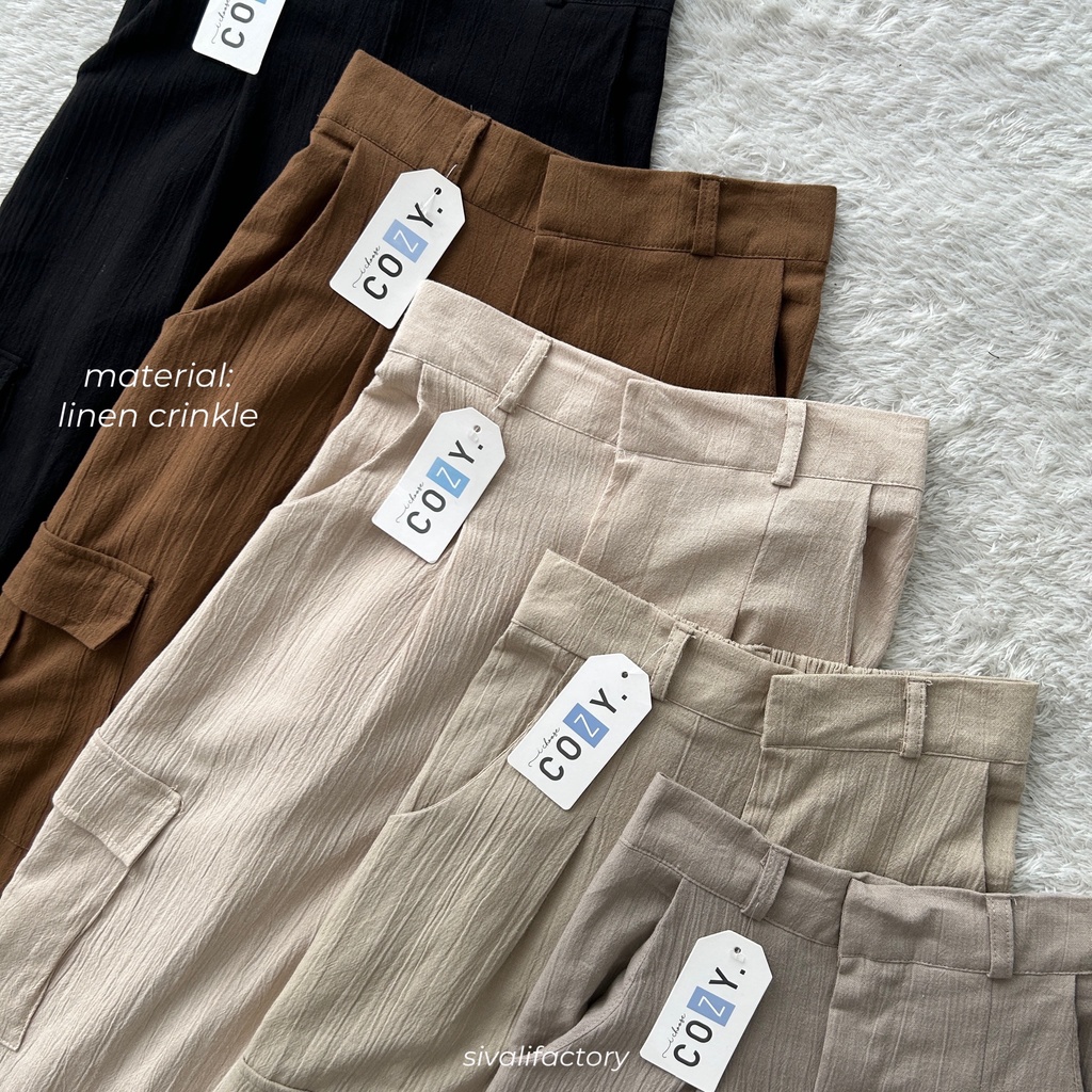 SIVALI Willow Cargo Pants - Celana Kargo Ukuran Petite Linen Crinkle Highwaist - Baggy Cullote Pants