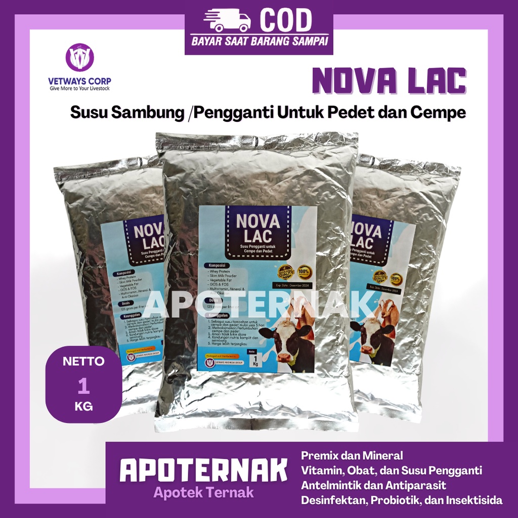 NOVA LAC 1 kg | Susu Pengganti Susu Sambung Induk Sapi Kambing Domba Anti Mencret | Susu Pedet Cempe Kalvolac Masterlac Vetways| VETWAYS