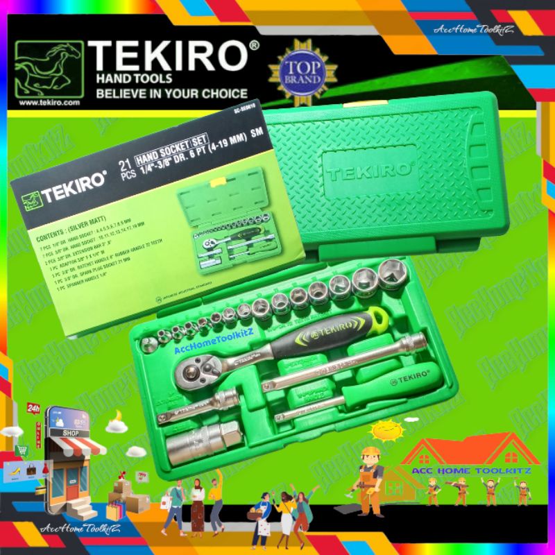 TEKIRO KUNCI SOCK SET 21PCS 6PT HAND SOCKET 1/4&quot; 3/8&quot; ( 4 - 19 MM ) 4 , 4.5 , 5 , 6 , 7 , 8 , 9 , 10 , 11 , 12 , 13 , 14 , 17 , 19 MM