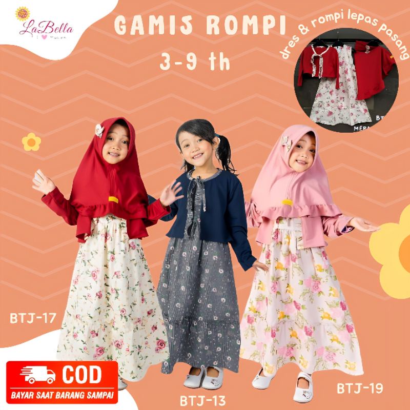 LABELLA || GAMIS BALERO SET JILBAB INSTAN PREMIUM ANAK PEREMPUAN USIA 3-9 TAHUN INNER DRESS BAHAN KA