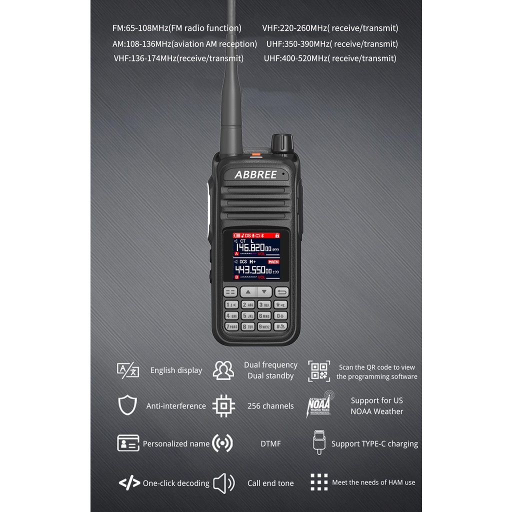 ABBREE AR-730 UHF VHF Full Band Walkie Talkie 108-520MHz Wireless Copy Frequency