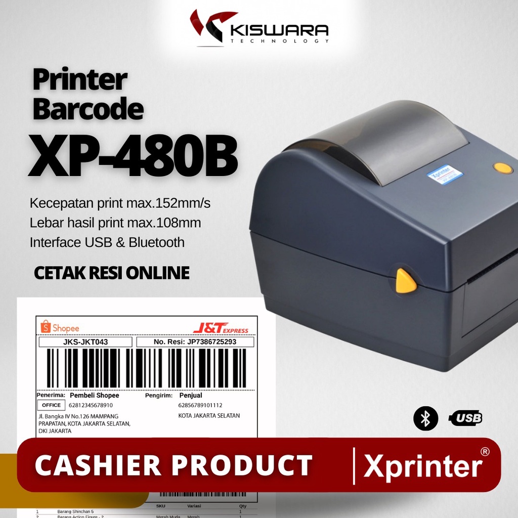 Xprinter Printer Barcode Thermal XP480B- USB dan BLUETOOTH PRINTER LABEL RESSI ALAMAT