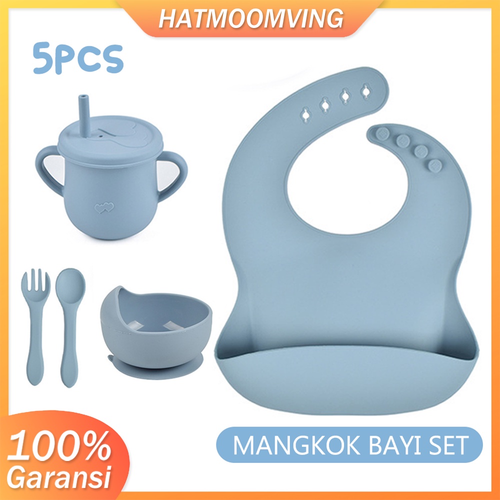 5 Buah Set Tempat Makan Silicon SUCTION Dengan Bib Peralatan Makan Anak Murah Tableware Silikon Anak Import Bib Gelas Mangkok Piring Silicone