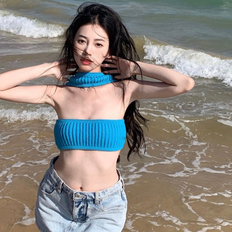 ☈Eropa dan Amerika In Tide Hot Girls Menggantung Leher Tube Top Kamisol Rompi Kecil Wanita Musim Panas Pendek Gaya Di Dalam dan Di Luar Memakai Kemeja Top