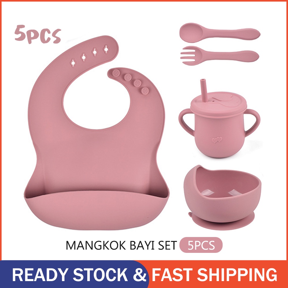 SET 5 Pcs Tempat Makan Silicon SUCTION Dengan Bib Peralatan Makan Anak Murah Tableware Silikon Anak Import Bib Gelas Mangkok Piring Silicone 4