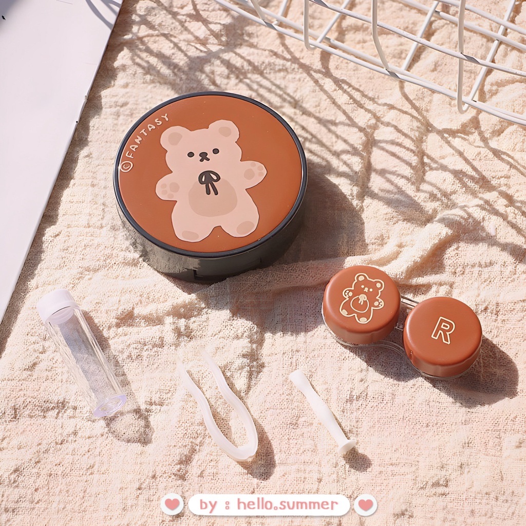 CUTE BEAR Softlens CaseBulat Premium Travel Kit Kotak Softlens / Travel Kit Mini Brown Line Softlen + Capitan + Cermin