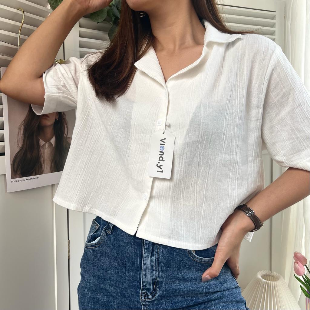 Blouse Polos Wanita Korea Terbaru / Atasan Cewek 142/crop Linen kemeja crop