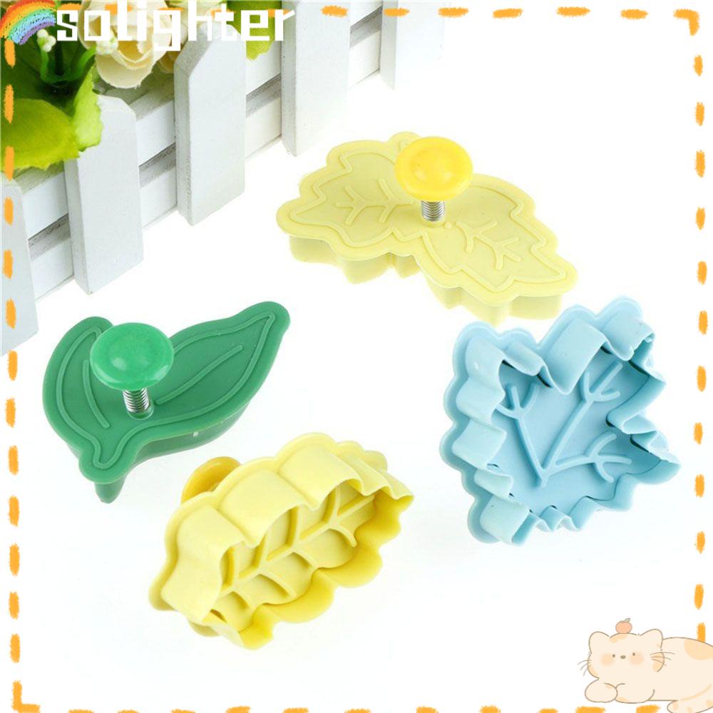 Solighter 4 Pcs Daun Tekan 3D Cetakan Baking Fondant Kue Alat Cetakan Biskuit